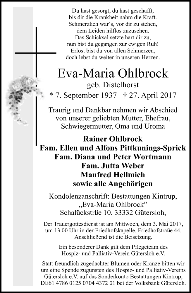  Traueranzeige für Eva-Maria Ohlbrock vom 29.04.2017 aus Neue Westfälische