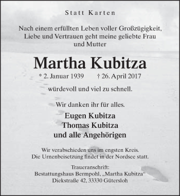 Traueranzeige von Martha Kubitza von Neue Westfälische