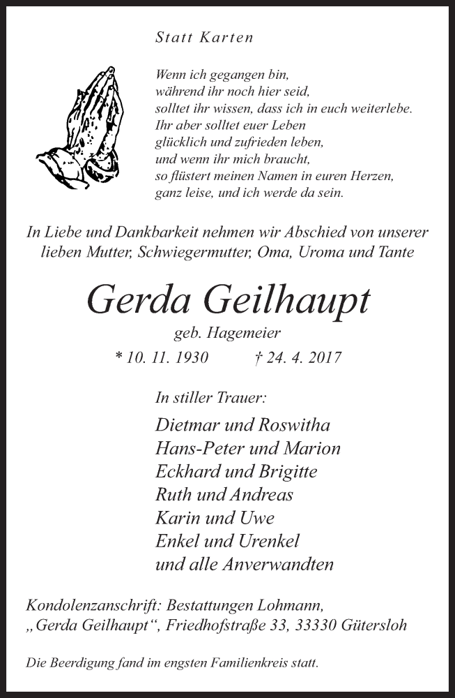  Traueranzeige für Gerda Geilhaupt vom 29.04.2017 aus Neue Westfälische