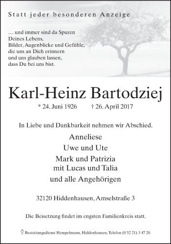 Traueranzeige von Karl-Heinz Bartodziej von Neue Westfälische