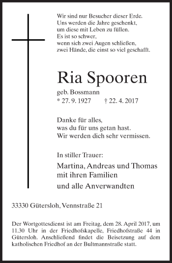 Traueranzeige von Ria Spooren von Neue Westfälische