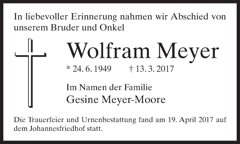  Traueranzeige für Wolfram Meyer vom 20.04.2017 aus Neue Westfälische