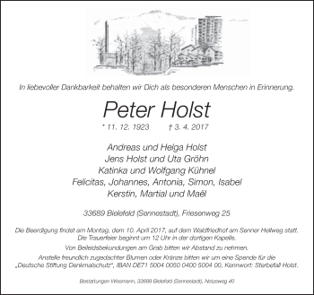 Traueranzeige von Peter Holst von Neue Westfälische