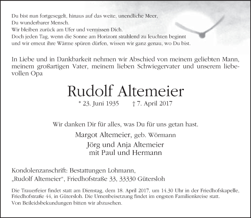  Traueranzeige für Rudolf Altemeier vom 12.04.2017 aus Neue Westfälische