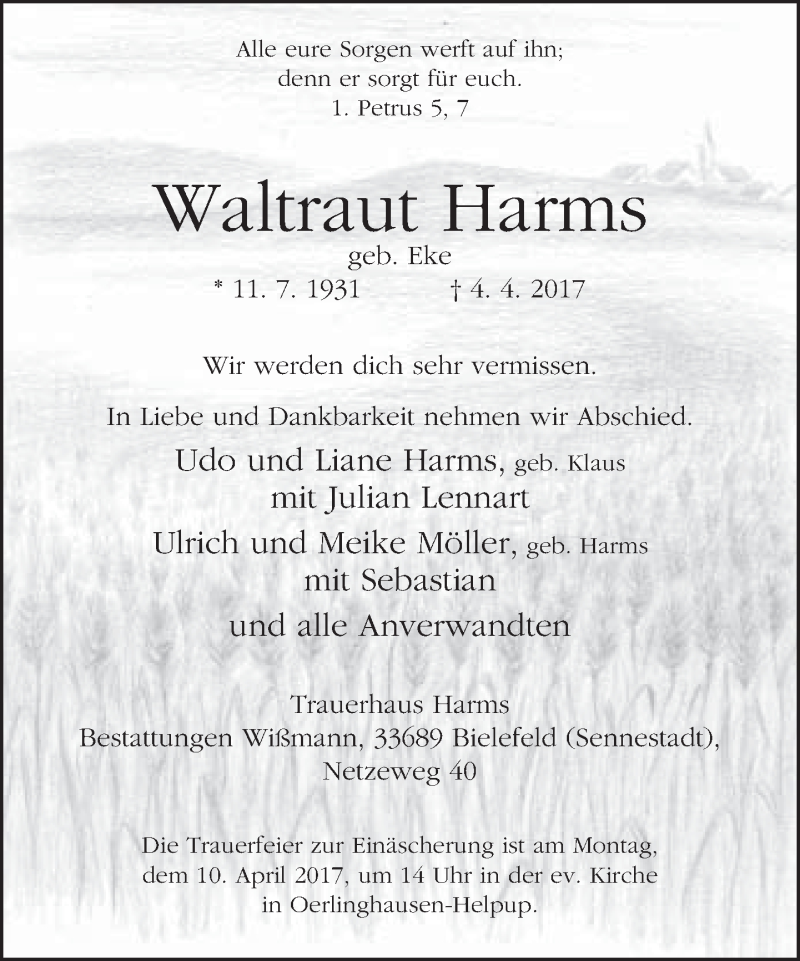  Traueranzeige für Waltraut Harms vom 07.04.2017 aus Neue Westfälische