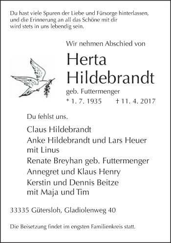 Traueranzeige von Herta Hildebrandt von Neue Westfälische
