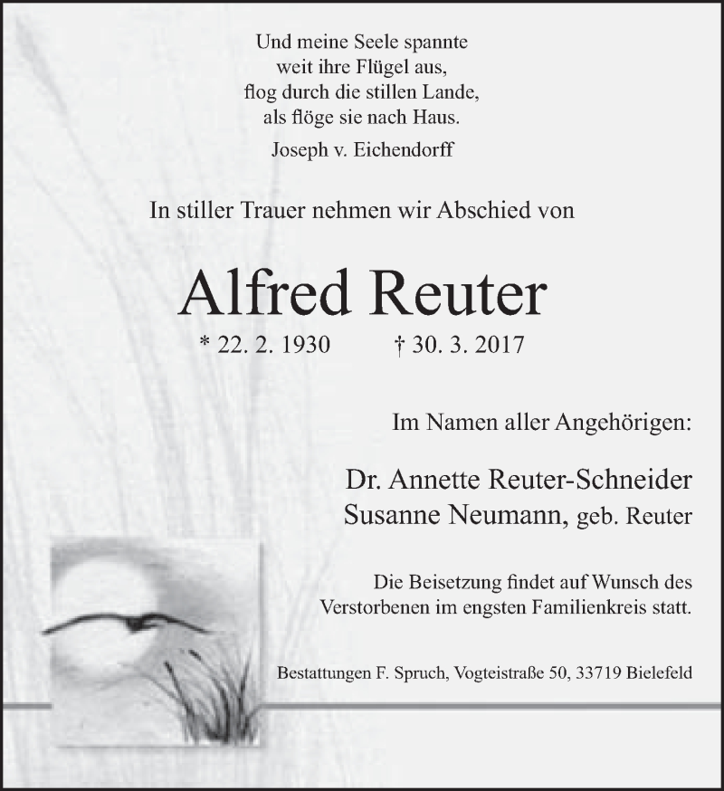  Traueranzeige für Alfred Reuter vom 01.04.2017 aus Neue Westfälische