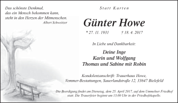 Traueranzeige von Günter Howe von Neue Westfälische