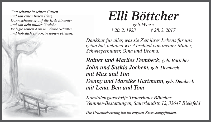  Traueranzeige für Elli Böttcher vom 14.04.2017 aus Neue Westfälische