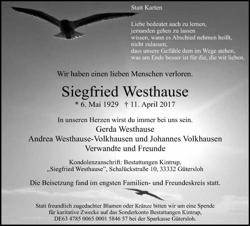  Traueranzeige für Siegfried Westhause vom 20.04.2017 aus Neue Westfälische