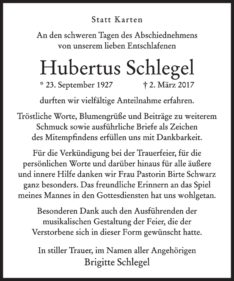  Traueranzeige für Hubertus Schlegel vom 01.04.2017 aus Neue Westfälische
