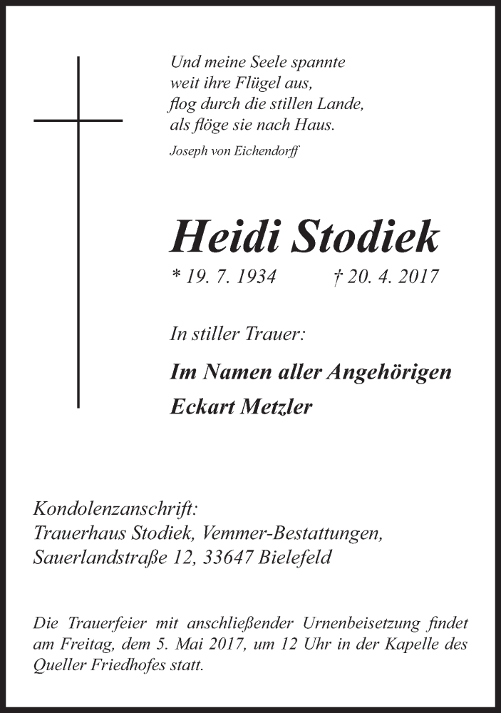  Traueranzeige für Heidi Stodiek vom 29.04.2017 aus Neue Westfälische