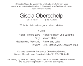 Traueranzeige von Gisela Oberschelp von Neue Westfälische