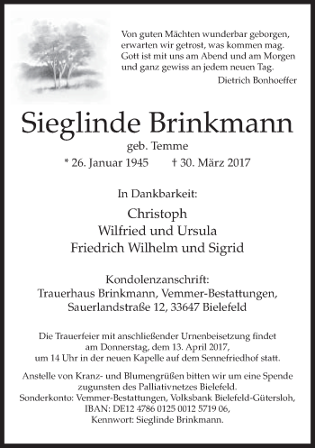 Traueranzeige von Sieglinde Brinkmann von Neue Westfälische