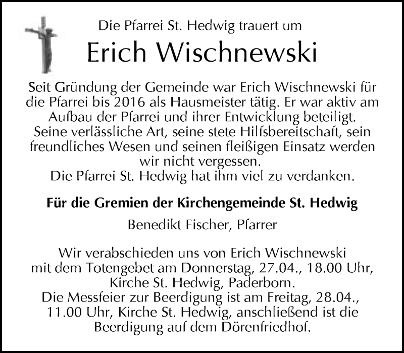 Traueranzeige für Erich Wischnewski vom 25.04.2017 aus Neue Westfälische