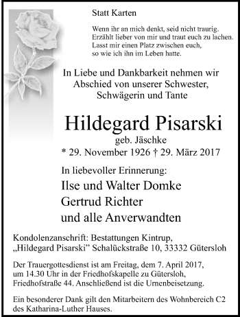 Traueranzeige von Hildegard Pisarski von Neue Westfälische