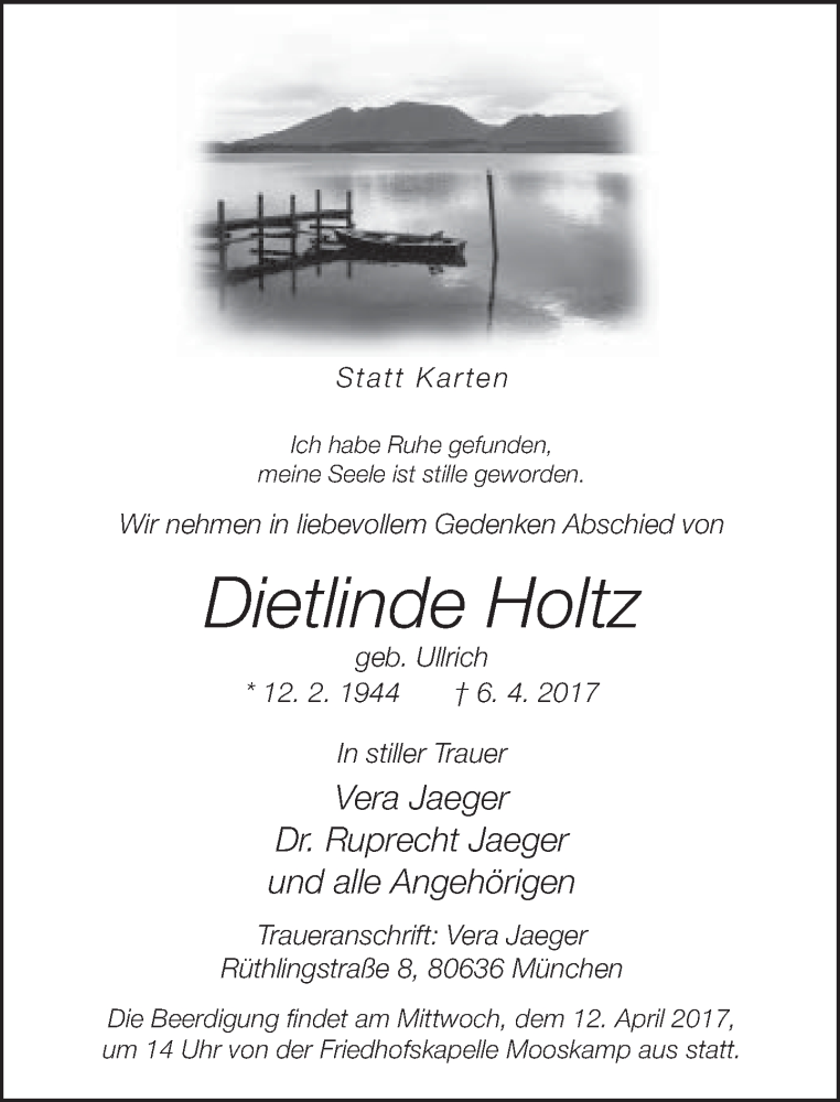  Traueranzeige für Dietlinde Holtz vom 08.04.2017 aus Neue Westfälische