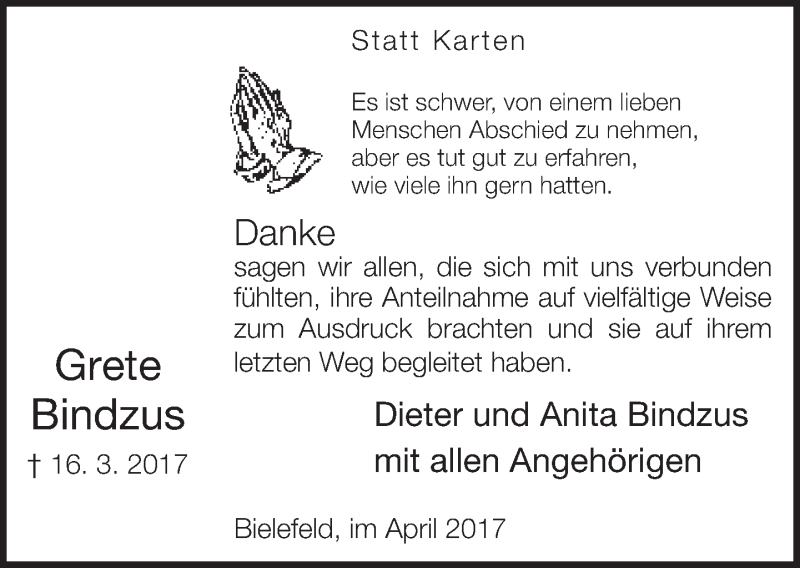  Traueranzeige für Grete Bindzus vom 29.04.2017 aus Neue Westfälische
