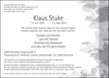Traueranzeige von Klaus Stuke von Neue Westfälische