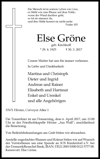 Traueranzeige von Else Gröne von Neue Westfälische