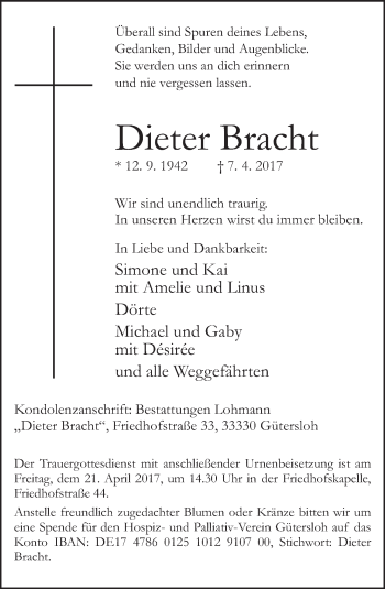 Traueranzeige von Dieter Bracht von Neue Westfälische