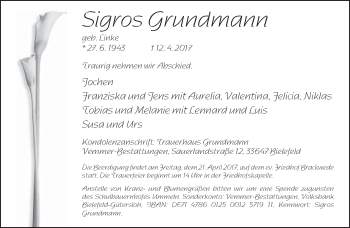 Traueranzeige von Sigros Grundmann von Neue Westfälische