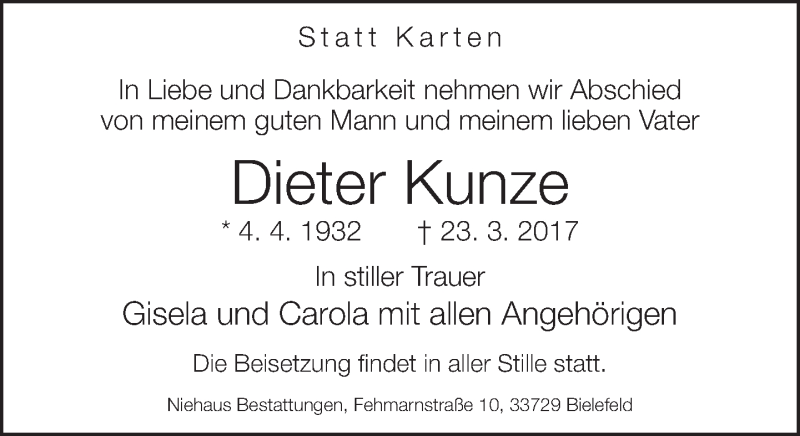  Traueranzeige für Dieter Kunze vom 01.04.2017 aus Neue Westfälische