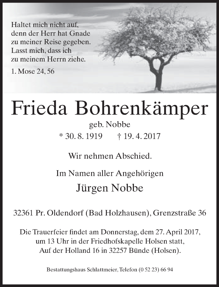  Traueranzeige für Frieda Bohrenkämper vom 24.04.2017 aus Neue Westfälische