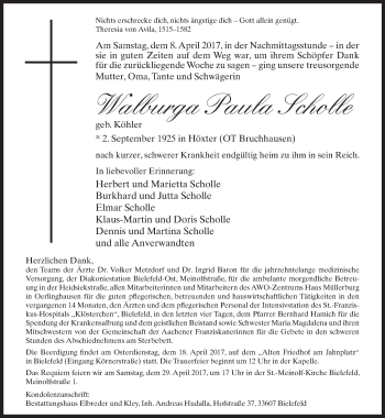 Traueranzeige von Walburga Paula Scholle von Neue Westfälische