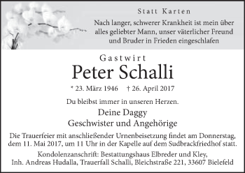 Traueranzeige von Peter Schalli von Neue Westfälische