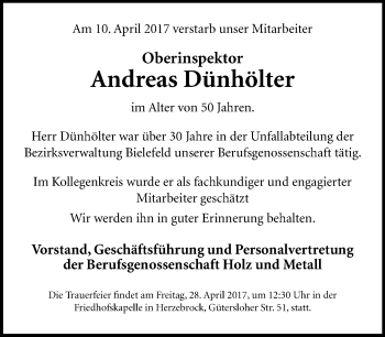 Traueranzeige von Andreas Dünhölter von Neue Westfälische