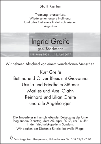 Traueranzeige von Ingrid Greife von Neue Westfälische