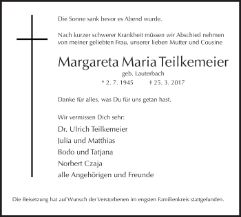 Traueranzeige von Margareta Maria Teilkemeier von Neue Westfälische