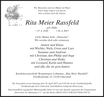 Traueranzeige von Rita Meier Rassfeld von Neue Westfälische