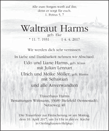 Traueranzeige von Waltraut Harms von Neue Westfälische