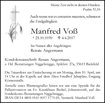 Traueranzeige von Manfred Voß von Neue Westfälische