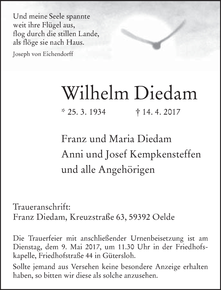  Traueranzeige für Wilhelm Diedam vom 29.04.2017 aus Neue Westfälische