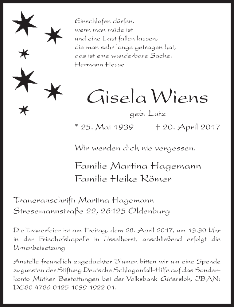  Traueranzeige für Gisela Wiens vom 25.04.2017 aus Neue Westfälische