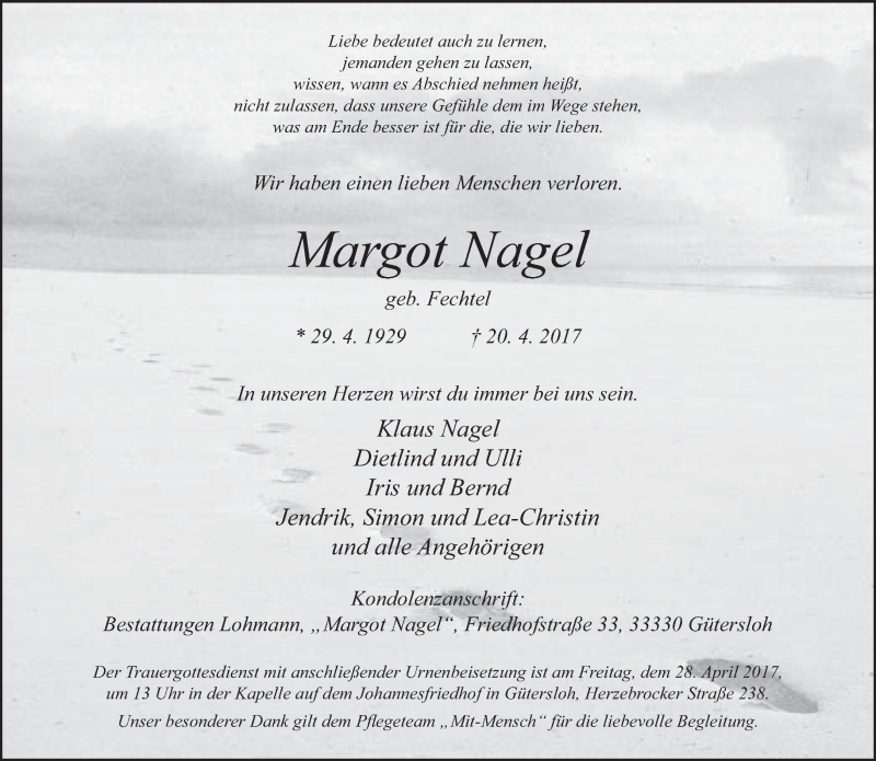  Traueranzeige für Margot Nagel vom 25.04.2017 aus Neue Westfälische
