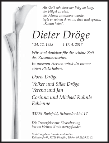 Traueranzeige von Dieter Dröge