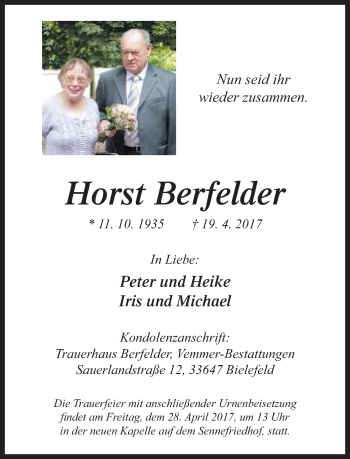 Traueranzeige von Horst Berfelder von Neue Westfälische