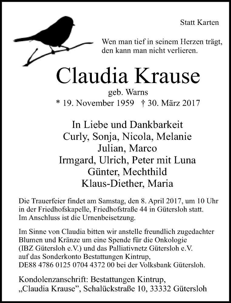  Traueranzeige für Claudia Krause vom 04.04.2017 aus Neue Westfälische