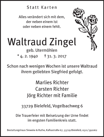 Traueranzeige von Waltraud Zingel