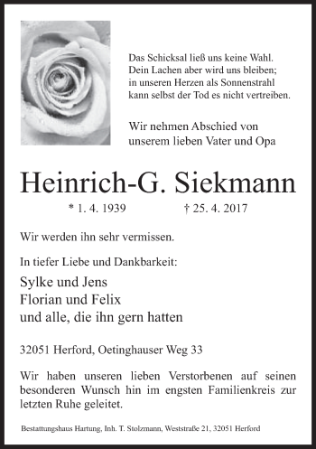 Traueranzeige von Heinrich-G. Siekmann von Neue Westfälische