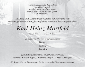 Traueranzeige von Karl-Heinz Mortfeld von Neue Westfälische