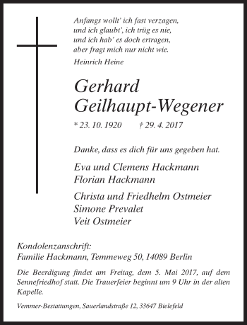Traueranzeige von Gerhard Geilhaupt-Wegener von Neue Westfälische
