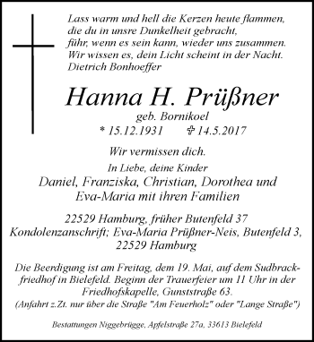 Traueranzeige von Hanna H. Prüßner