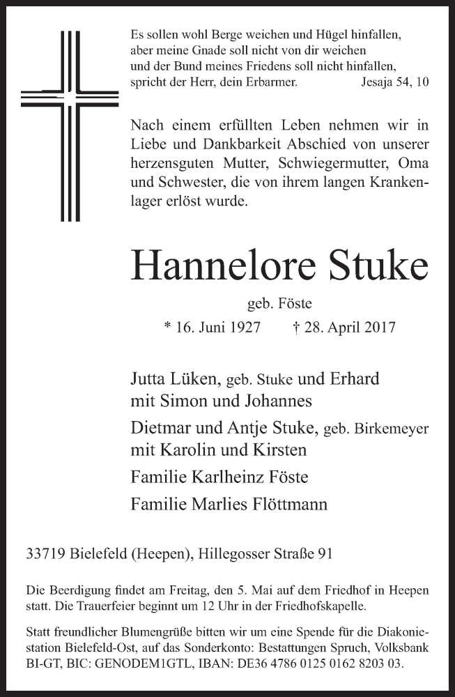  Traueranzeige für Hannelore Stuke vom 03.05.2017 aus Neue Westfälische