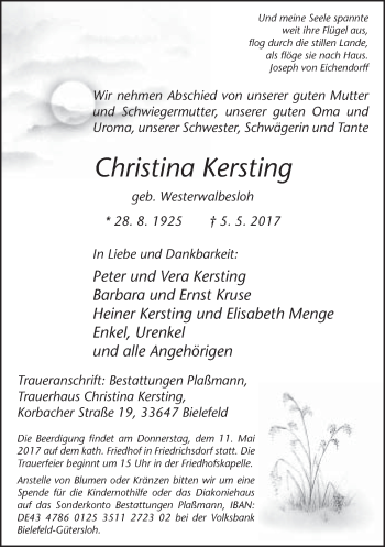 Traueranzeige von Christina Kersting von Neue Westfälische
