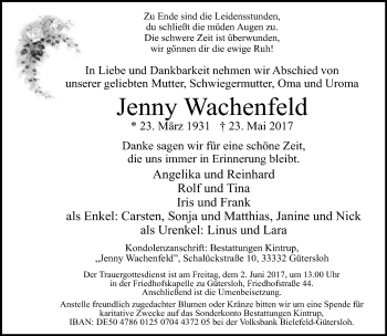 Traueranzeige von Jenny Wachenfeld von Neue Westfälische